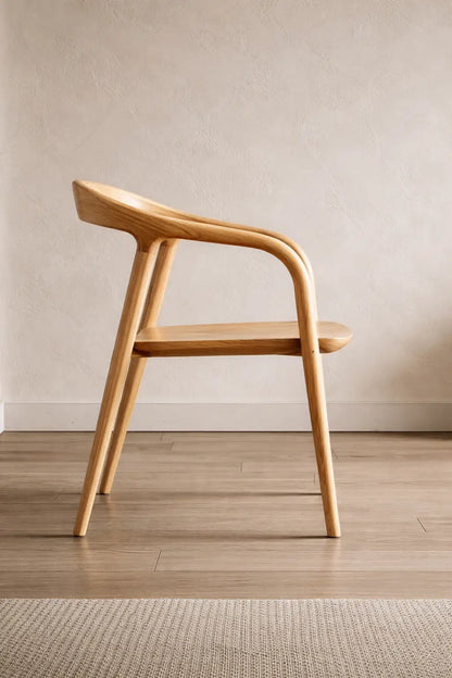 Side view of a solid wood Scandinavian dining chair, ideal for restaurant dining chair use and modern café seating in UK interiors.