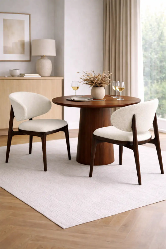 UK mid-century wooden chair with cream boucle upholstery styled around a walnut round dining table in a modern dining room.