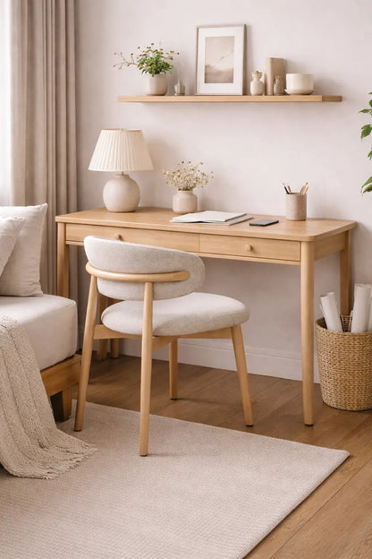 Richmond fabric chair used as a bedroom desk chair, with wooden frame and comfortable upholstered seat


