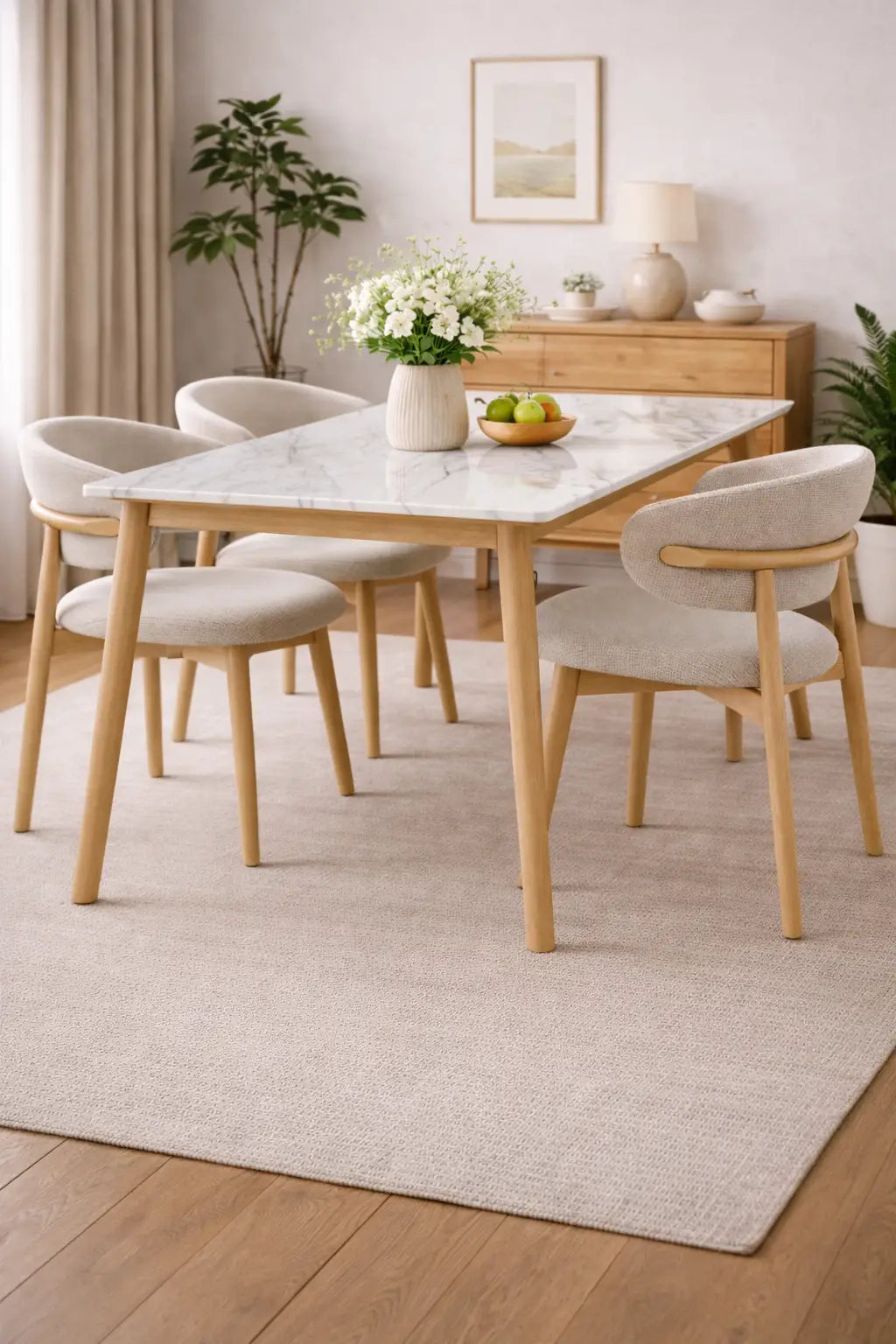 Dining room with a marble table and wooden chairs on a light rug.