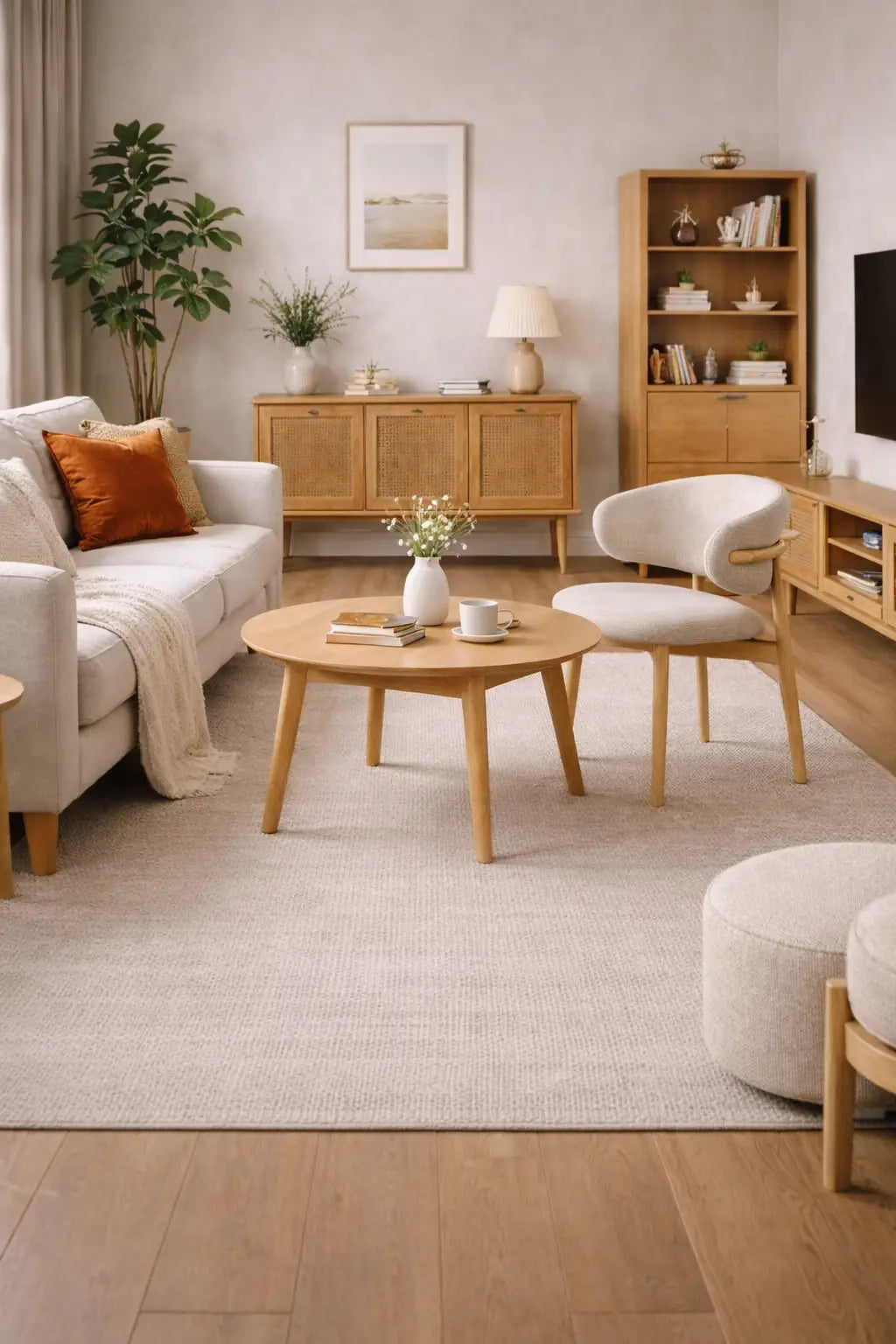 Modern living room with wooden furniture and decor
