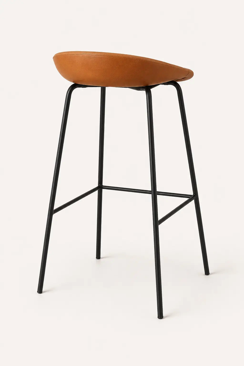 Bar stool with brown seat and black metal legs on a white background
