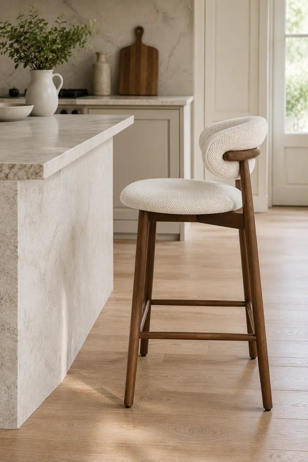 Side view of cream upholstered bar stool for kitchen island with wooden legs and curved back support