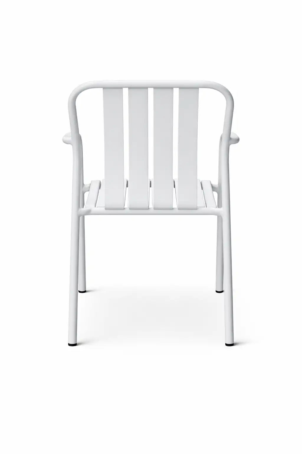 White metal outdoor dining chair back view on white studio background
