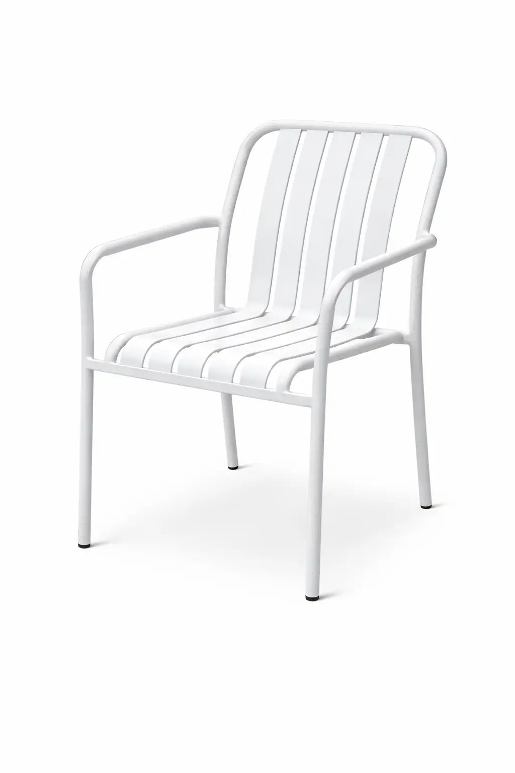 White metal outdoor dining chair with arms in 45 degree front view on white background