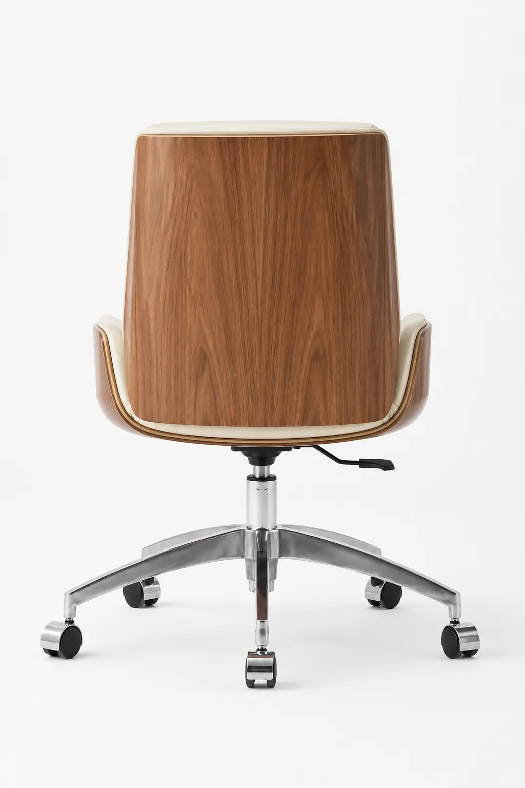 Straight back view of cream executive office chair showing the curved walnut shell, height lever and chrome castor base
