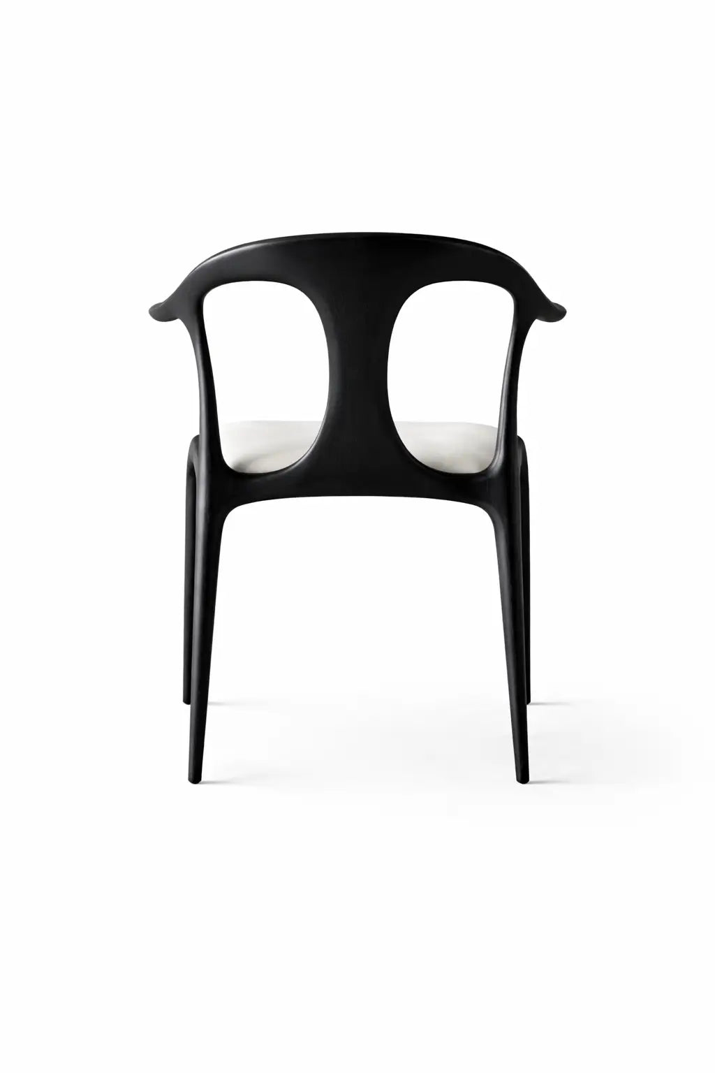 Front view of black wooden dining chair with upholstered seat, modern designer dining chair for UK homes.