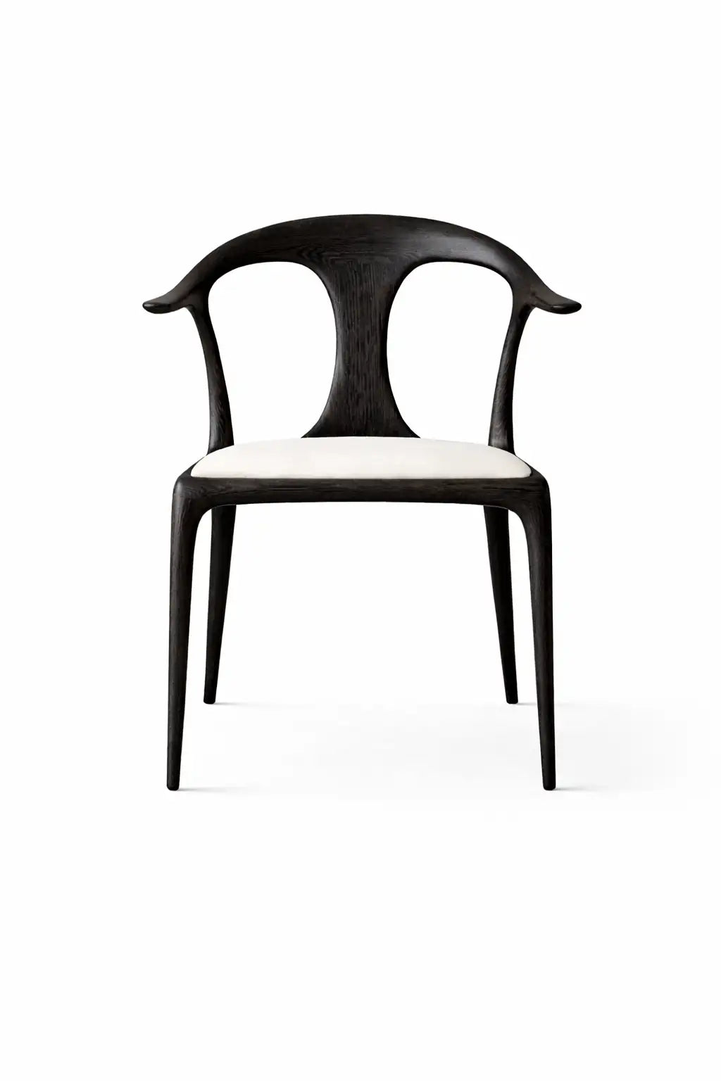 Front view of black wooden dining chair with sculpted backrest and cream upholstered seat on white background.