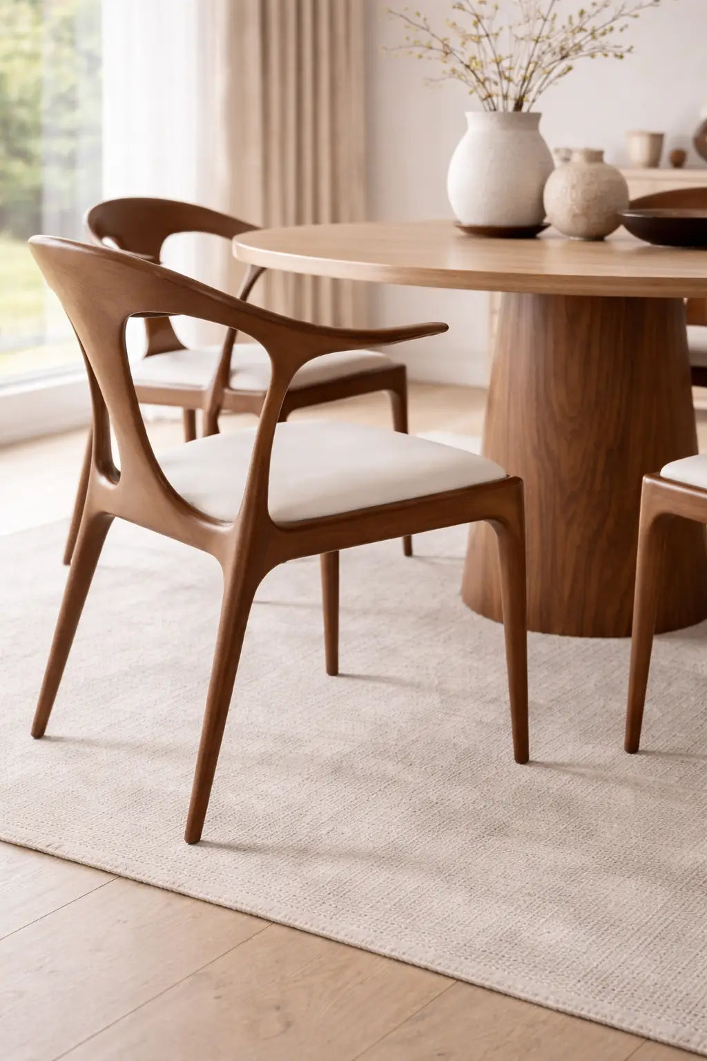 Close-up of sculptural solid walnut dining chair with curved backrest and arm detail in modern UK dining space.