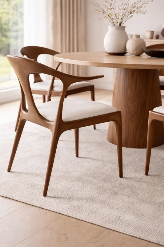 Close-up of sculptural solid walnut dining chair with curved backrest and arm detail in modern UK dining space.