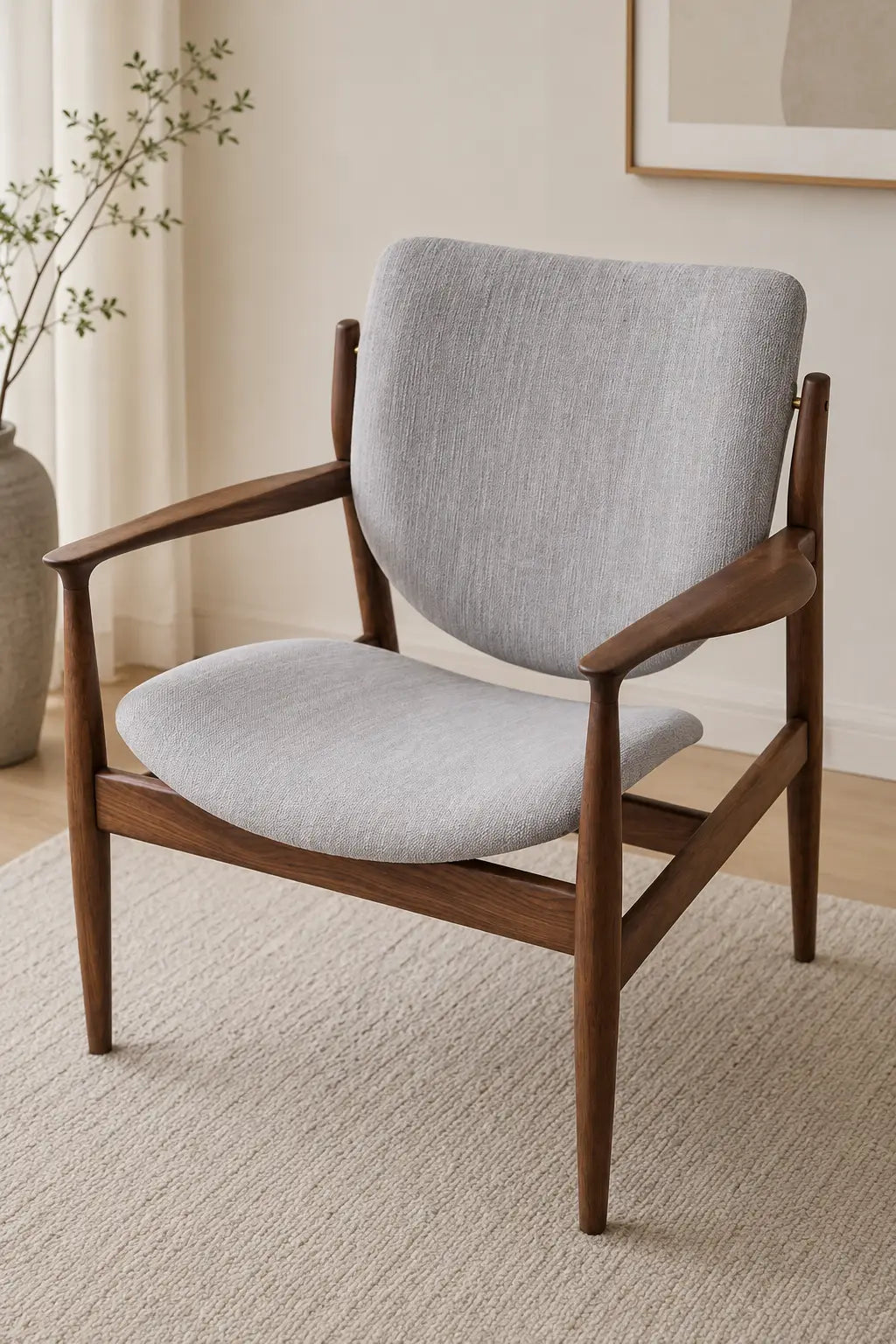 Mid-century upholstered lounge chair with walnut wood frame, curved armrests and textured light grey fabric seat