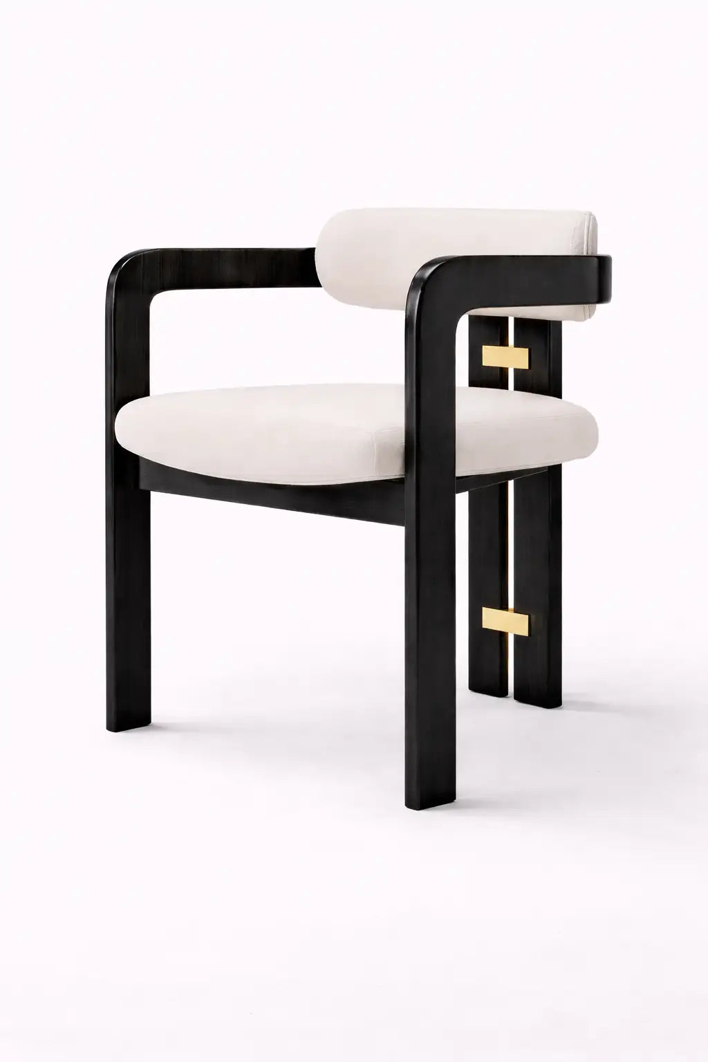 Modern chair with black frame and white cushion on a white background