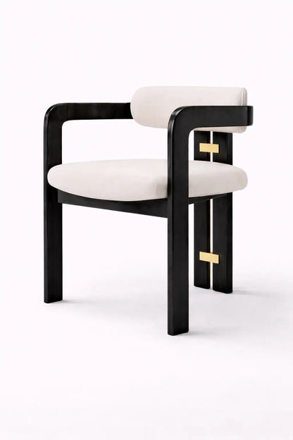 Modern chair with black frame and white cushion on a white background