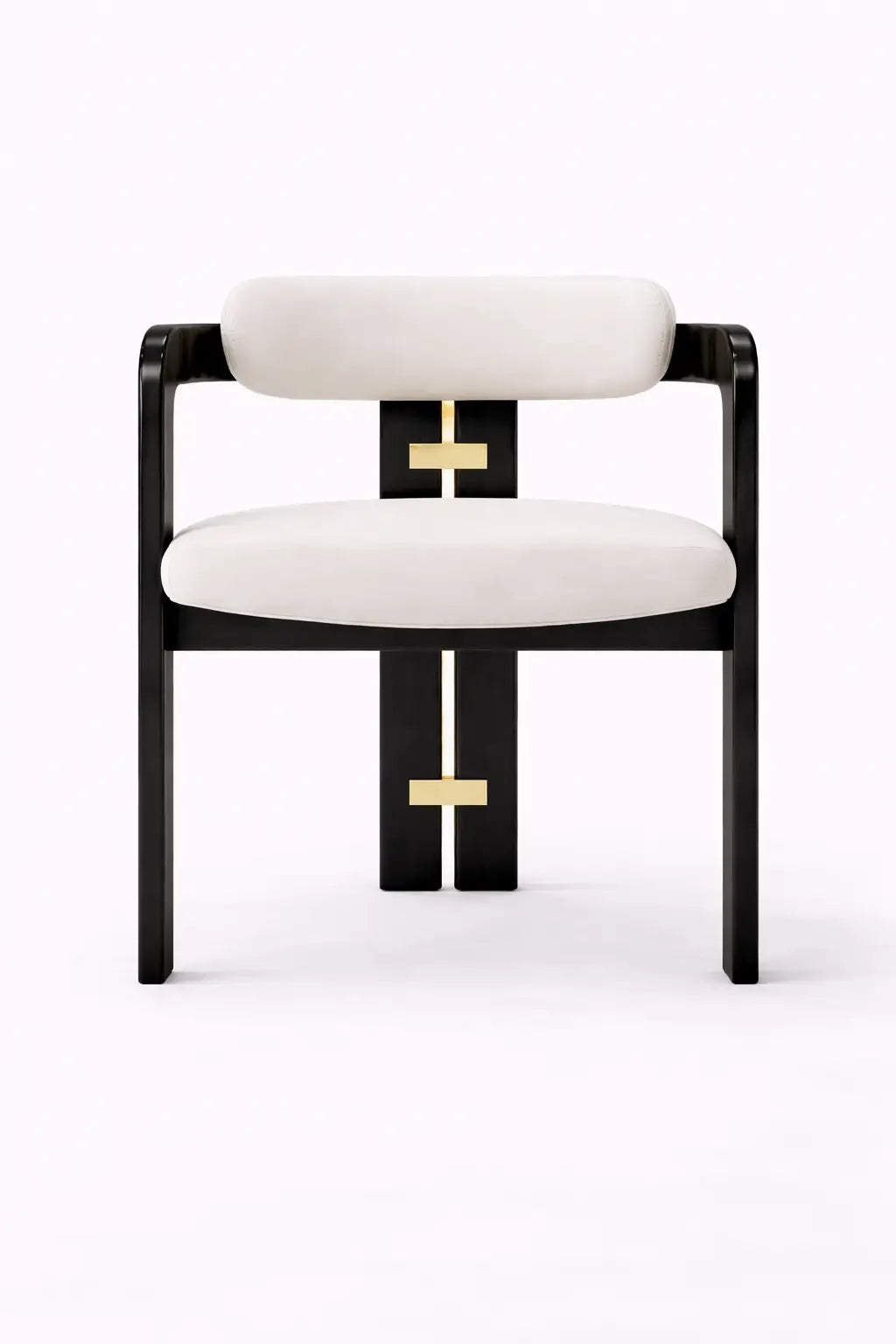 Modern chair with white cushioned seat and backrest on a white background