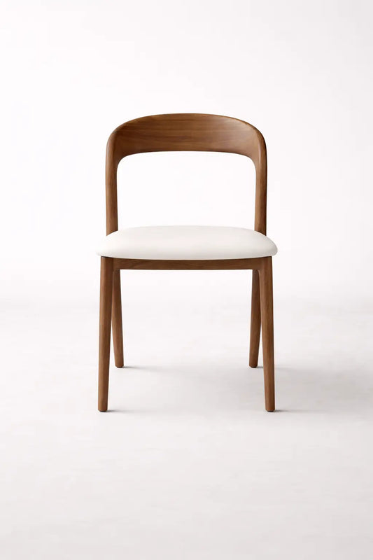 Front view of the Arisée Cricklewood mid-century wooden chair with upholstered seat
