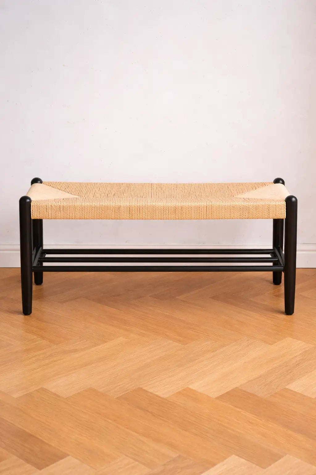 Finsbury wooden hallway bench with woven Danish cord seat in Scandinavian style.