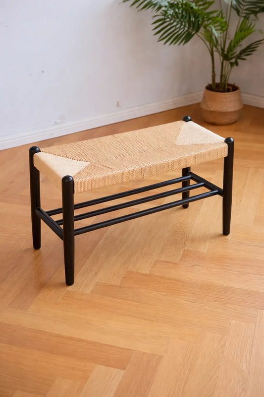 45 degree top view of woven Danish cord bench seat showing handcrafted pattern.