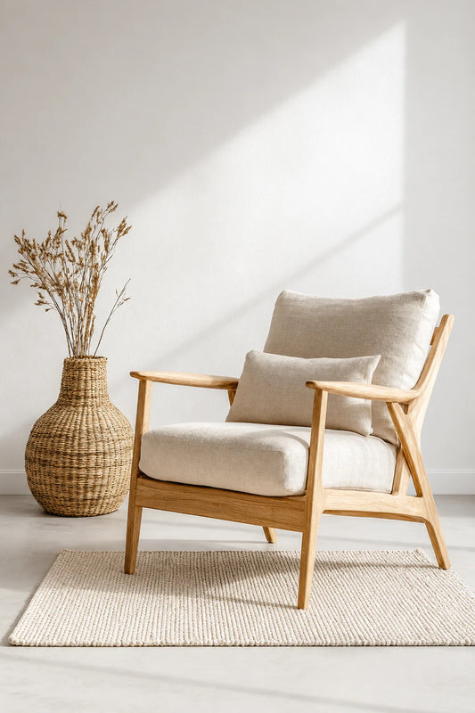 Arisée Hara upholstered wooden chair styled in a minimalist interior