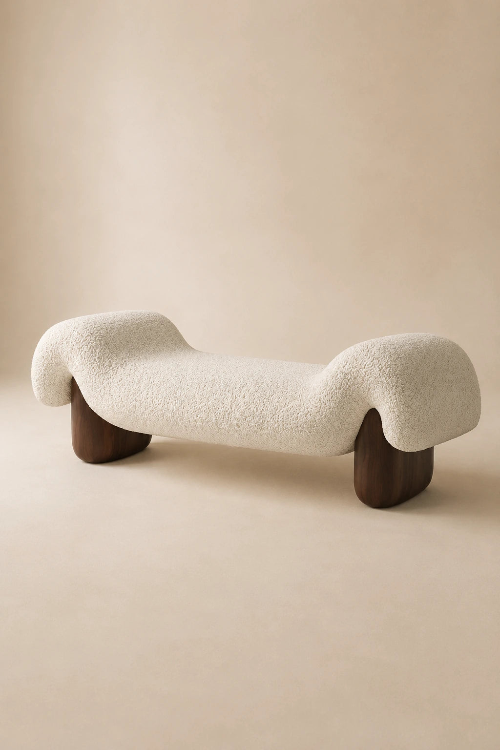 Close-up detail of Haven bench showing textured white bouclé upholstery and ash wood leg