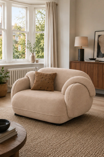 Modern velvet armchair in a warm living room with rounded arms and contemporary styling