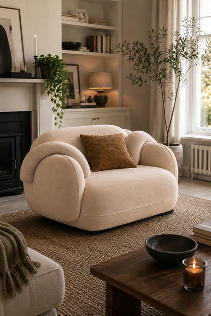 Beige reception armchair with curved silhouette in a bright modern lounge